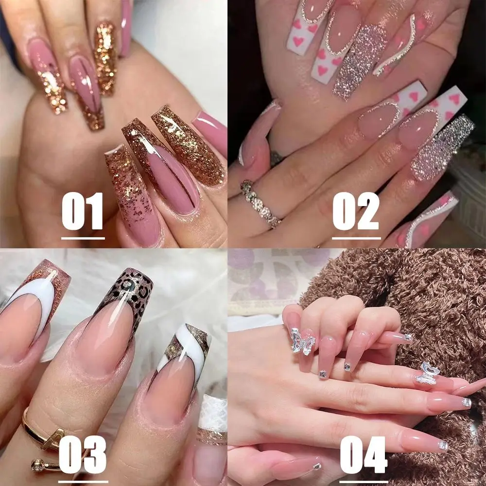 Description Picture 3 of item24pcs/Box Glitter Coffin False Nails Pink/White Heart Design French Ballerina Fake Nails Full Cover Nail Tips Press On Nails