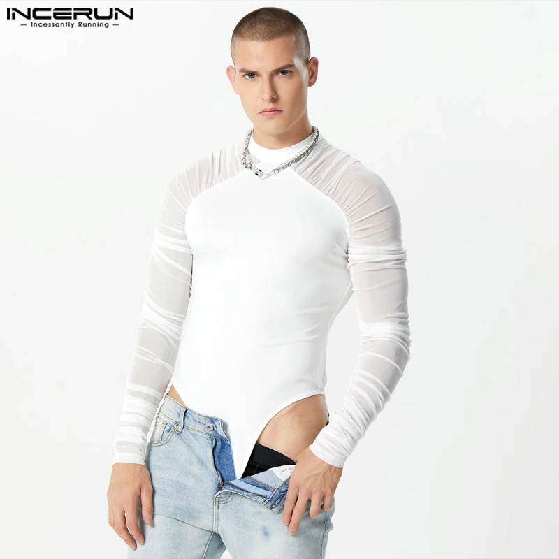

INCERUN 2023 Sexy Stylish New Men's Bodysuits Mesh Patchwork Transparent Jumpsuits Comfortable Thin Long Sleeved Homewear S-5XL
