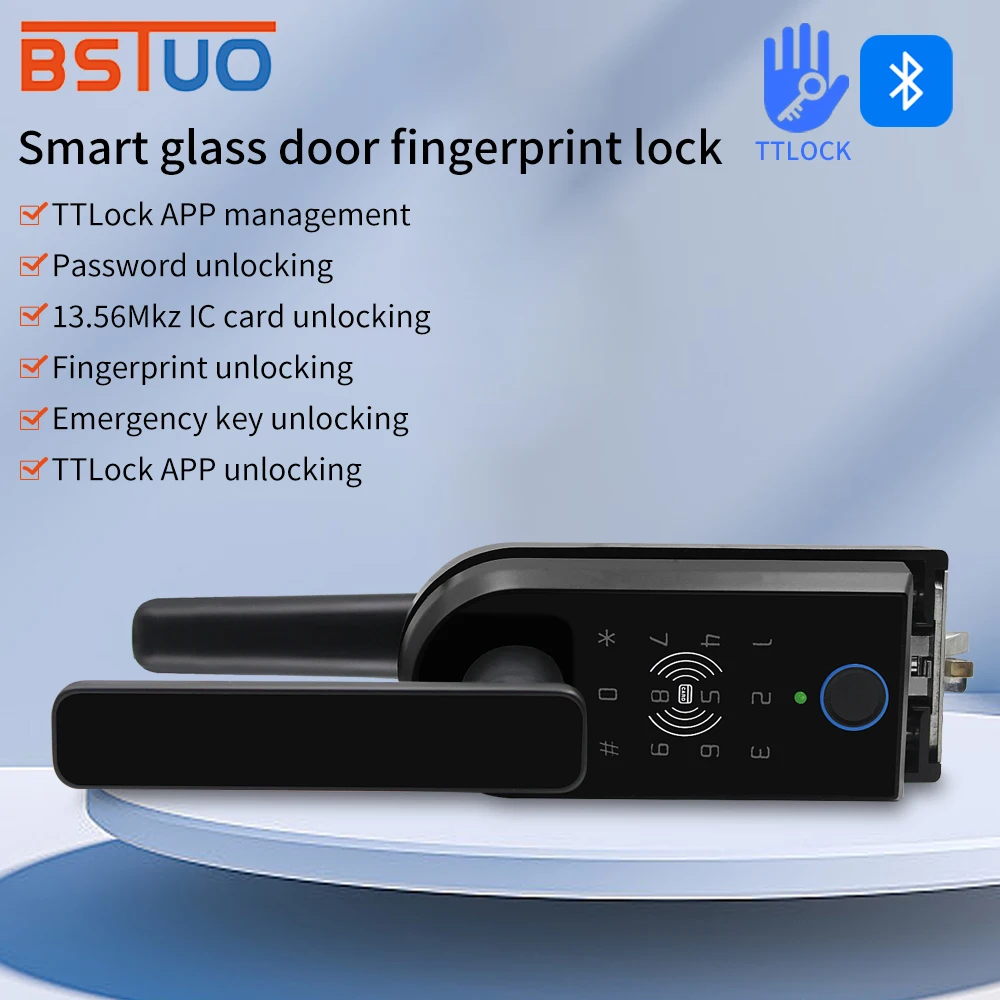 

Office Smart Glass Lock with Keyless Perforated Glass Door Fingerprint Password RFID IC Card TTLock App High Partition Door Lock