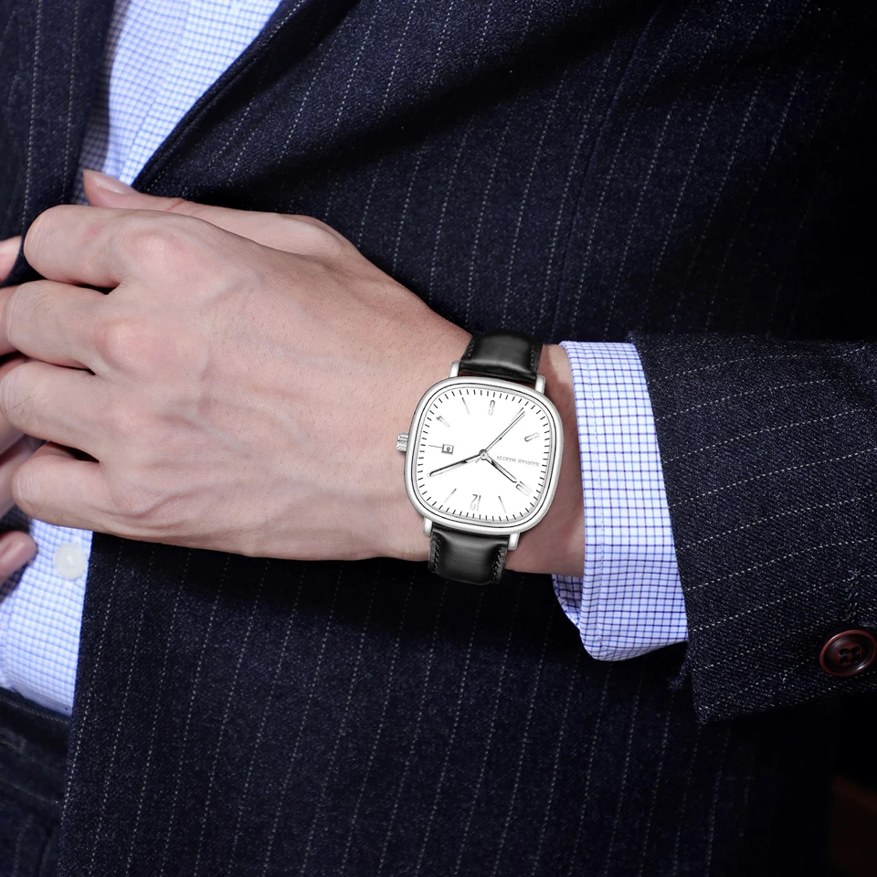 スクエア型 黒レザー 時計 新作 高級 腕時計 スクエアタイプ 四角 アナログ 防水 クロノ