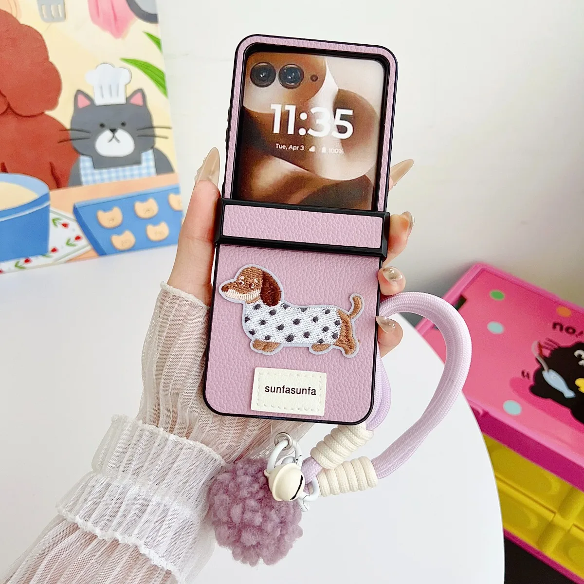 Cartoon Sausage Dog PU Leather Phone Case with Wrist Strap and Hinge Protection
