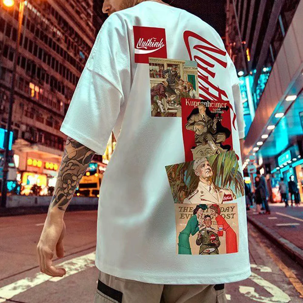 

American Street Retro Short-sleeved T-shirt Summer Loose Personality Poster Printing Trend Hip-hop Fashion Casual Cotton Top Men