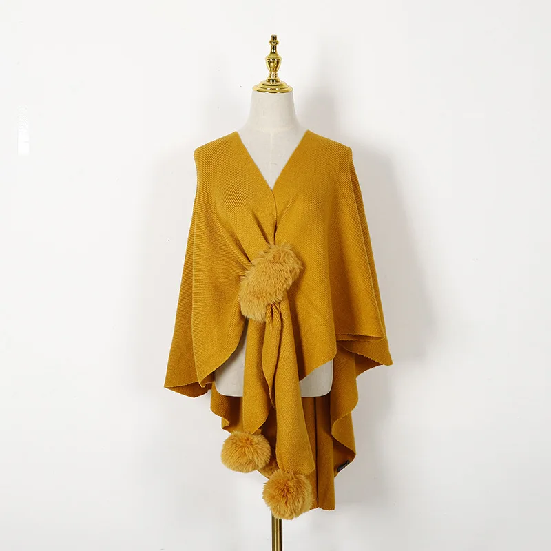 

Imitation Wool Ball Hanging Cardigan Autumn Winter Women's Coat Fashion Street Shawl Poncho Lady Capes Yellow Cloaks