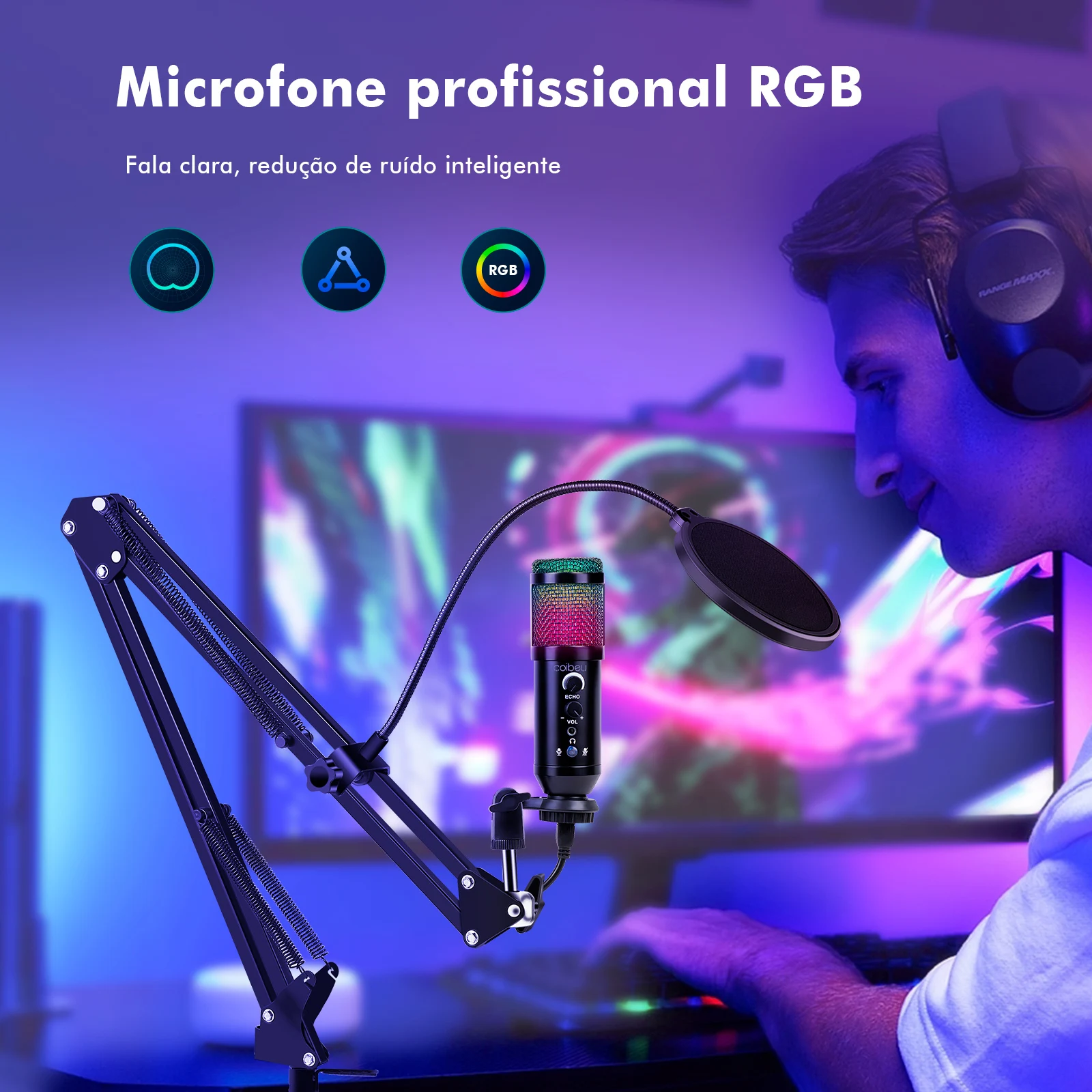 RGB Microphone, Articulated Arm Microphone, Condenser Microphone, Pc Table Microphone, Gamer Microphone, Pc Control, Coibeu 1