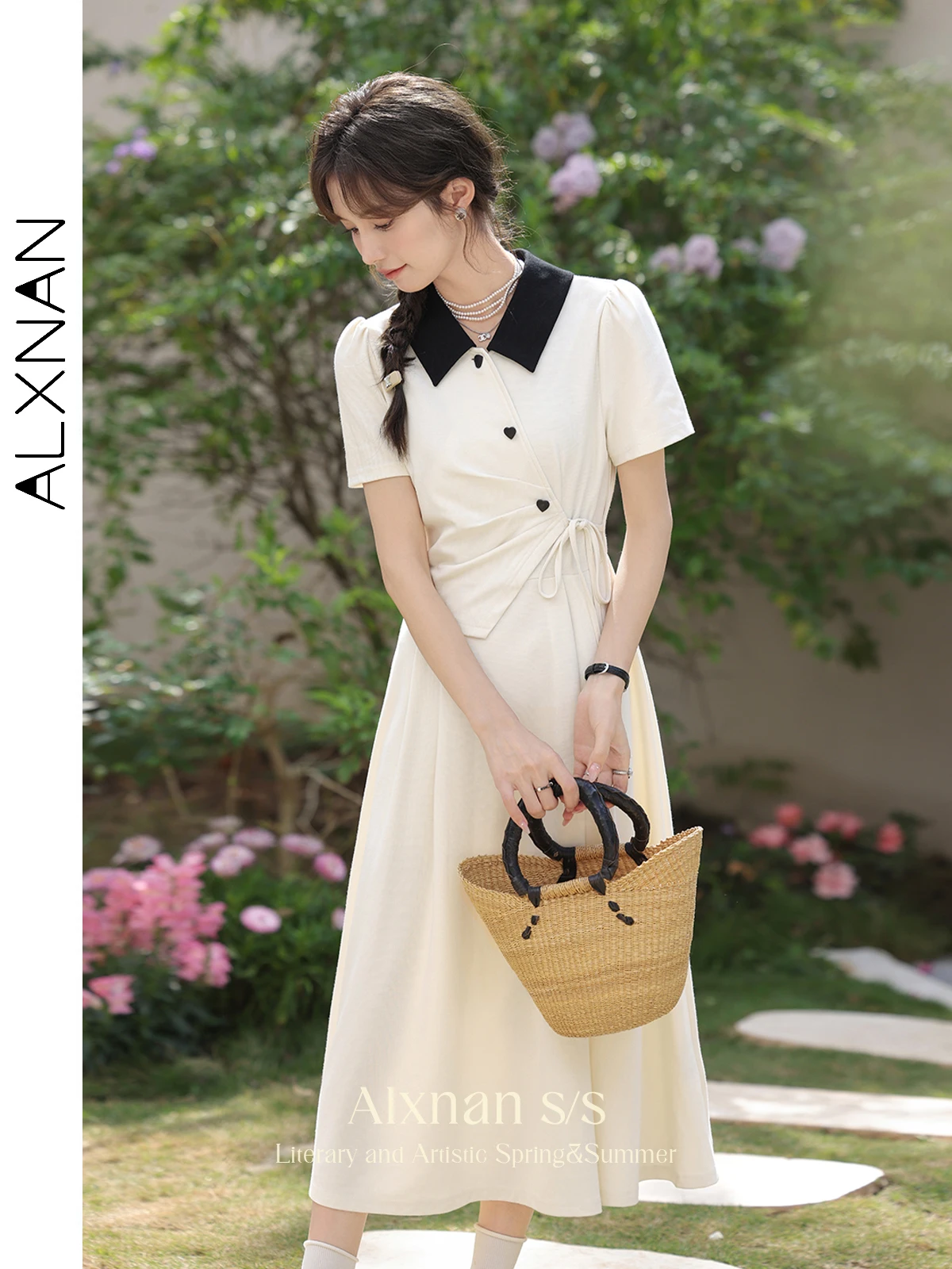 

ALXNAN Womens Summer Short Sleeve A-line Dress Elegant 2024 Lapel Button Up Lace-up Apricot Midi Dresses Female Clothes L33868