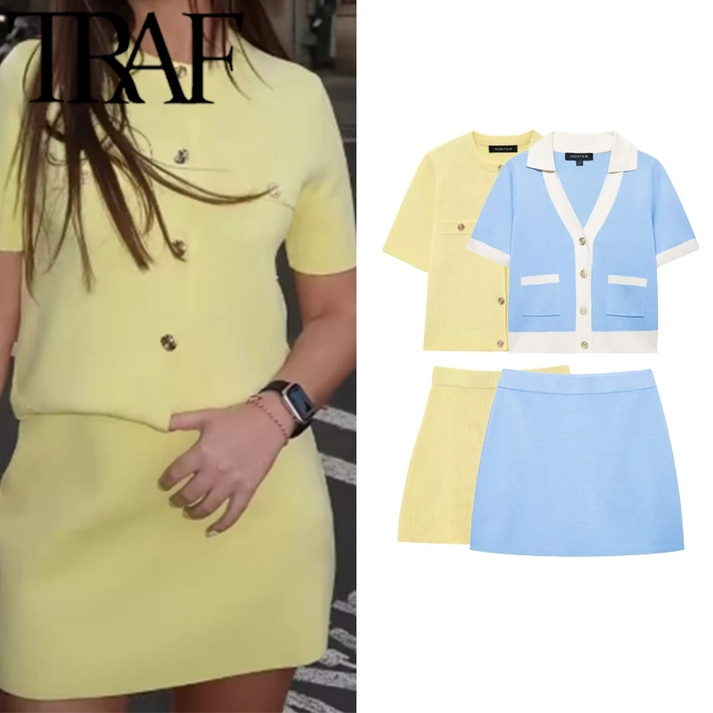 TRAF Y2K 2025 Woman Fashion Knitted Jacket With Edging Casual Slim Knitted Top+Elastic Waist Mini Skirt Sets Summer Yellow
