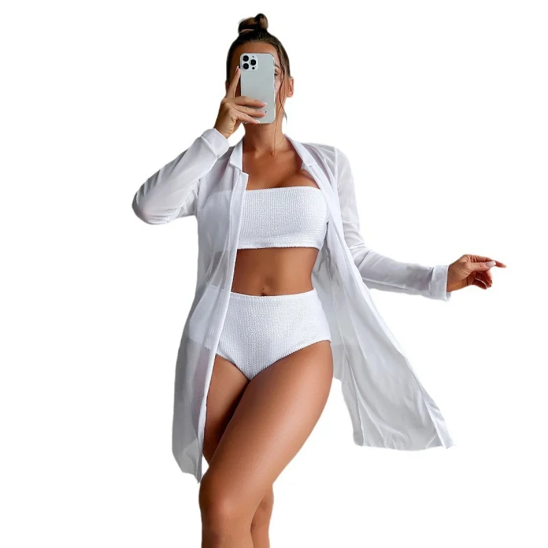 2024 New Swimsuit Women's Split High Waist Pure Color Bikini Internet Celebrity Blouse Ins Long Sleeve Swimsuit