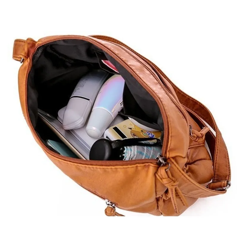 Washed leather women's bag 2024 European and American retro shoulder bag versatile large-capacity crossbody bag PU soft leather