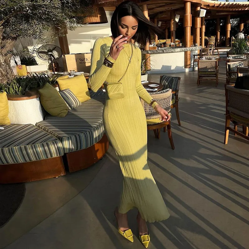 Fashion Autumn Slim Maxi Dress For Women High Waist Patchwork Ribbed Elegant Party Dress Ladies Solid Long Dress Clothes