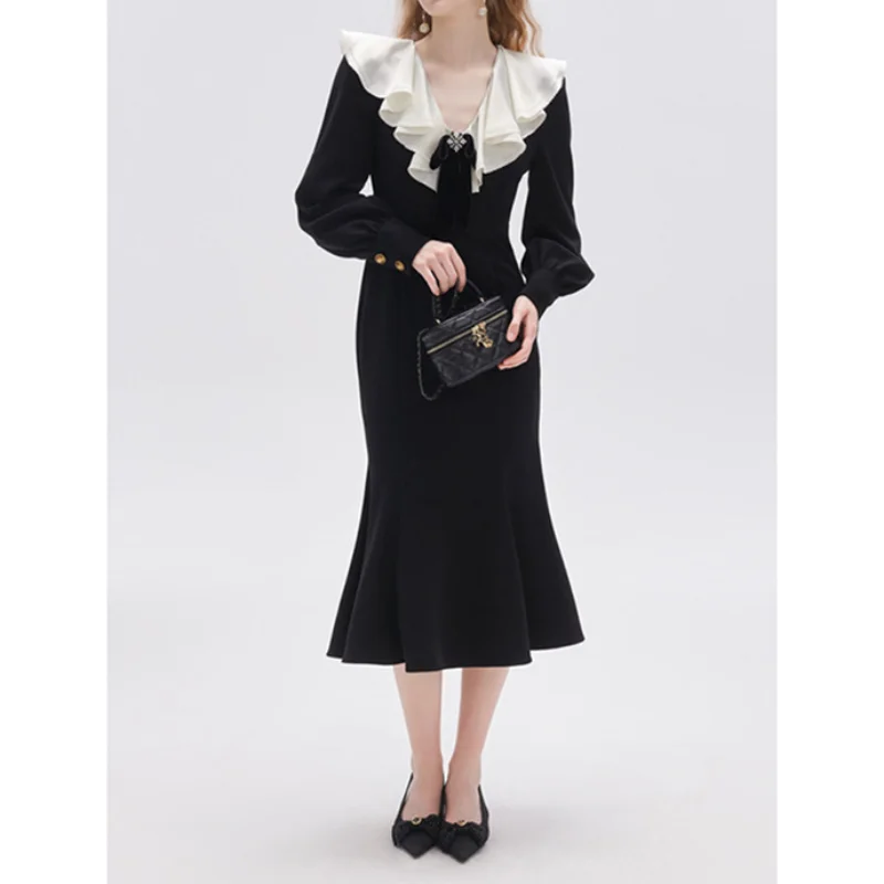 

New Elegant Lotus Leaf Collar Black Dress Female Small Fragrance Lantern Sleeve Bow Vintage French Fishtail Women Long Dress