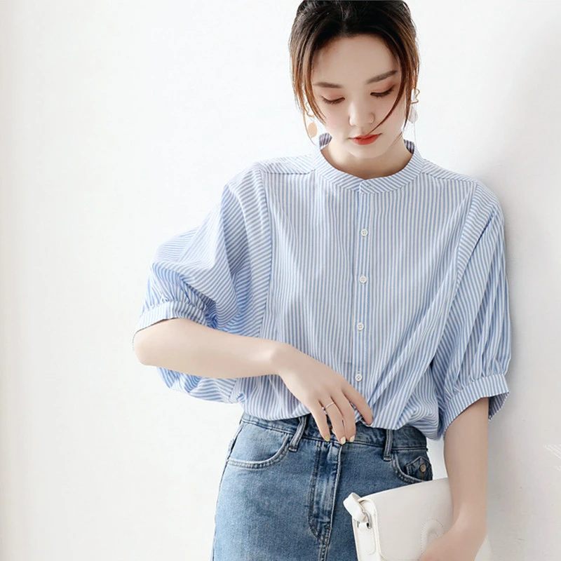 Office Lady Solid Color Niche Shirt Women Spring 2024 New Westernization All-match Blue Striped Stand-up Collar Bat Sleeve Tops
