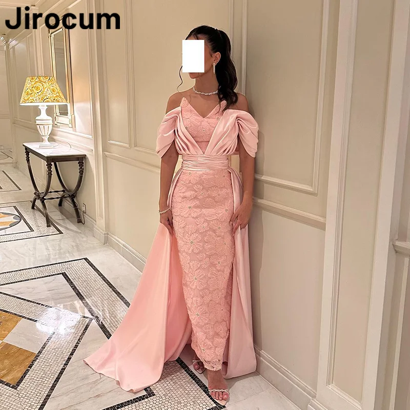 

Jirocum Elegant Off Shoulder Prom Dress Women Lace 3D Flower Party Evening Gown Ankle Length Saudi Arabia Formal Occasion Gowns