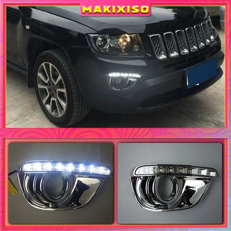 

Дневные ходовые огни 2 шт. для Jeep Compass 2013 2014, динамический желтый сигнал поворосветильник, стиль реле 12 В, Светодиодные Автомобильные дневные ходовые огни, противотуманные фары