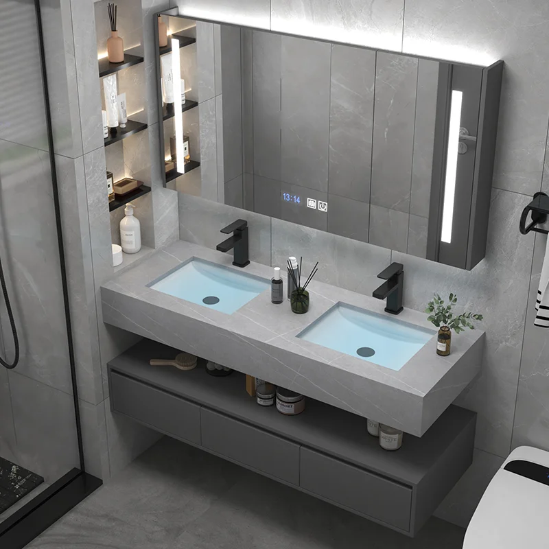 Luxury Hotel Floating Double Basins Bathroom Vanity Set Modern Bath Cabinet With Led Mirror