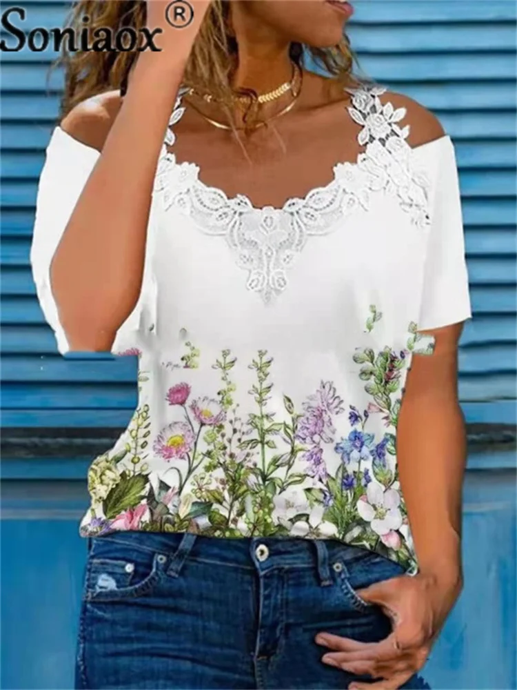 Summer Sexy Lace Short Sleeve Off Shoulder V Neck Women T Shirts Ladies Floral Print Street