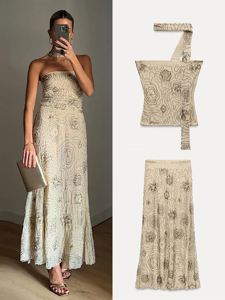 Beading Long Skirts Outfits Women Strapless Slim Scarf Tops Suits Female 2025 Spring Summer Fashion Chic High Waist Set 2 Pieces