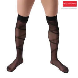 Summer Nylon Twill Cross Knee Socks Man Sexy Gay Hot Erotic Transparent Ultra-thin Thigh High Stockings for Men Lingerie Gifts