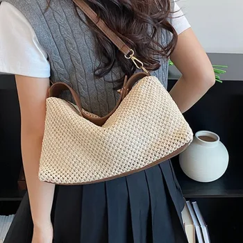 Borsa a tracolla casual grande capacità in paglia con fibbia in pelle PU, borsa a spalla hobo in PU, borsa da spiaggia estiva semplice traforata per ragazze