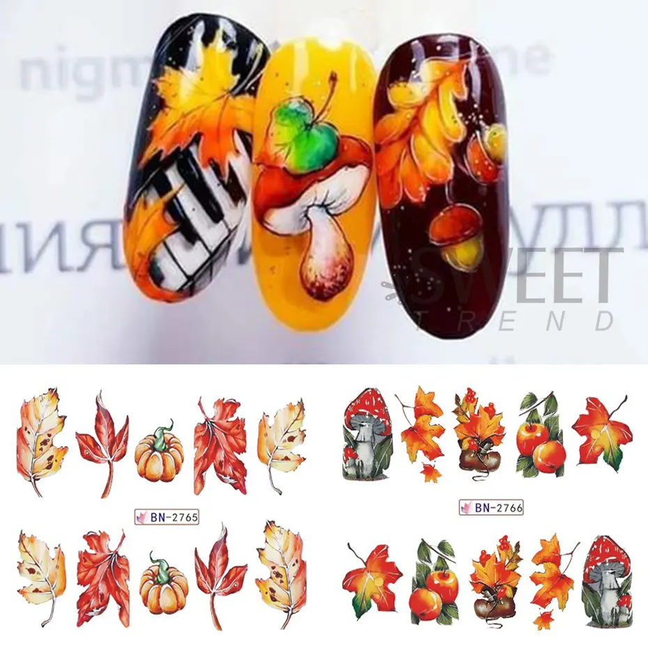 12pcs Autumn Nail Stickers Cartoon Fall Maple Leaves Pumpkin Mushroom Decal Water Transfer Sliders Gel Polish DIY Manicure Foils
