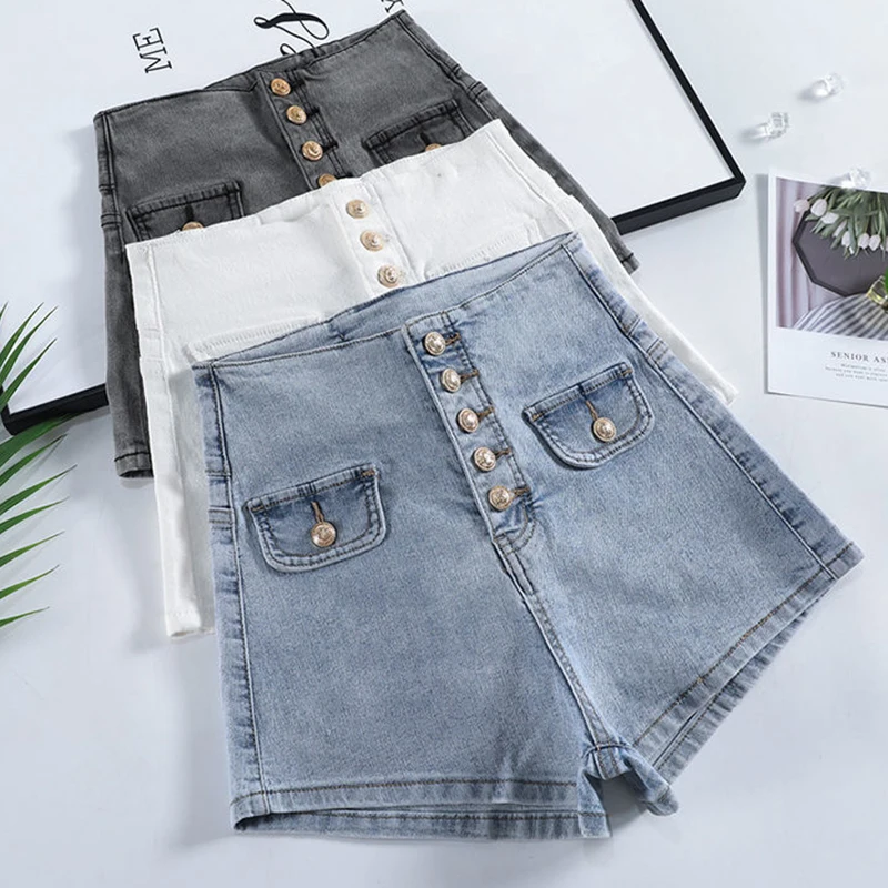 Ultra-high waist single-breasted denim shorts women's summer 2022 new retro Korean elastic thin hot pants women