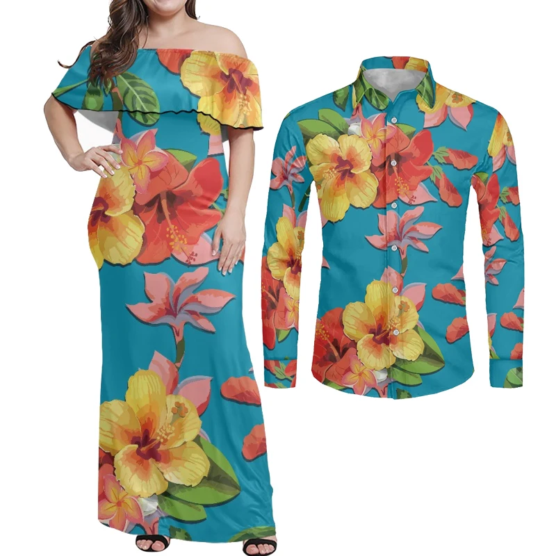 

HYCOOL Polynesian Tattoo Matching Clothes Couple Hibiscus Print Off The Shoulder Floral Long Bodycon Dress For Women 2023