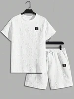 Ensemble deux pièces t-shirt et Short à col rond avec lettres texturées pour hommes, coupe régulière, t-shirt et Short décontractés à manches courtes 1