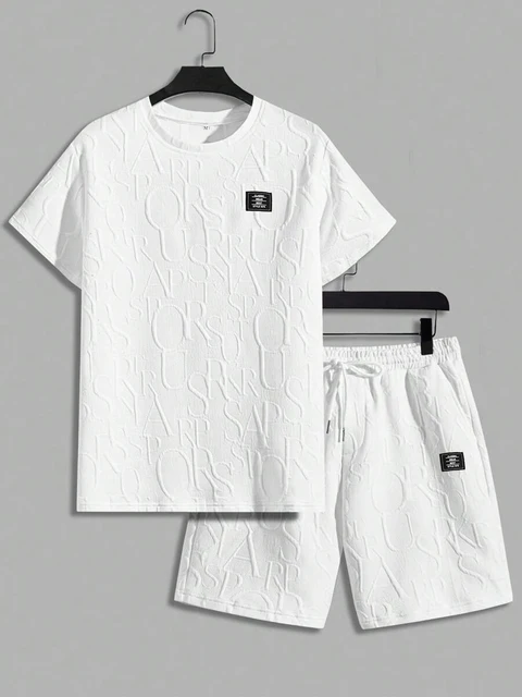 Ensemble deux pièces t-shirt et Short à col rond avec lettres texturées pour hommes, coupe régulière, t-shirt et Short décontractés à manches courtes 1