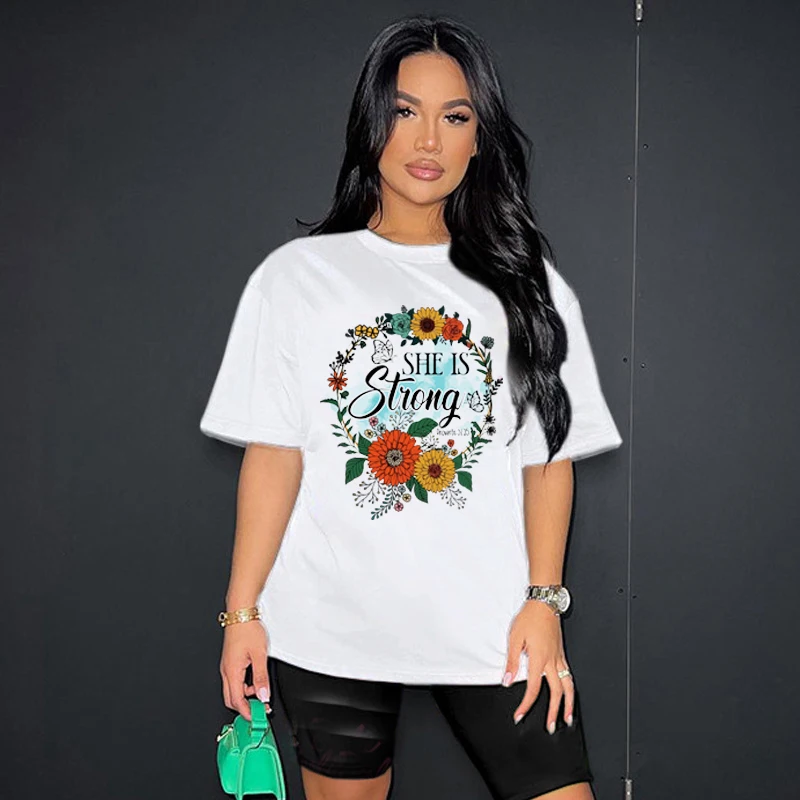 

She Is Strong Floral Vintage Women T Shirts Cotton Movational Graphic Tee Church T-shirts Religious Clothes Chrisian Tshirt