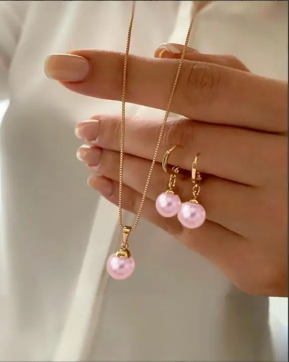Fashion Elegant Imitation Pearl Pendant Necklace Earrings Set for Women Vintage Gold Color Chain Girl Wedding Party Jewelry Gift