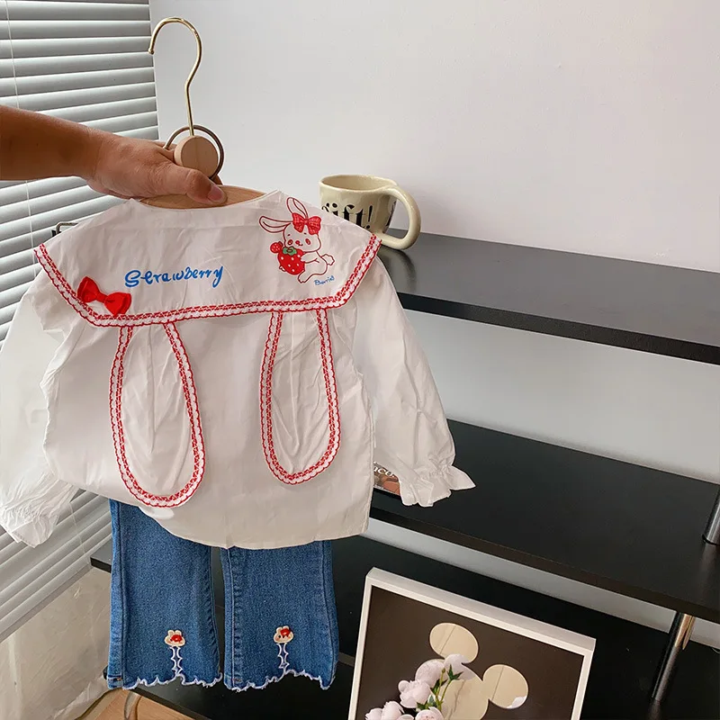 

2024 Spring Children Girls 2PCS Clothes Set Long Sleeve Cartoon Rabbit Print Shirt Elastic Waist Jeans Suit Kid Girls Outfits