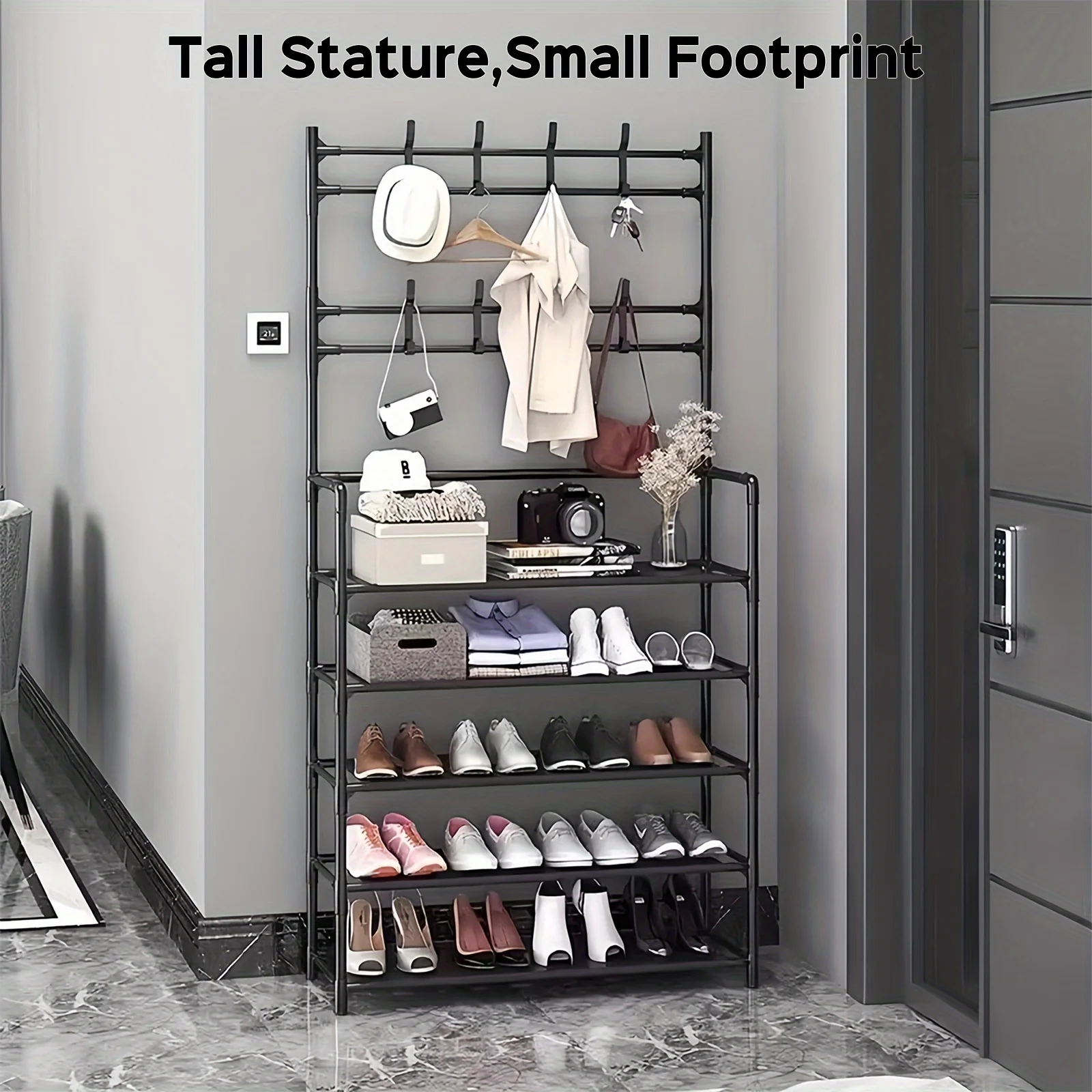 67-Inch Shoe Rack Multifunctional Metal 5-Tier High Capacity Storage 8 Double Hooks For Entryway Organization shoe rack shoe organizer