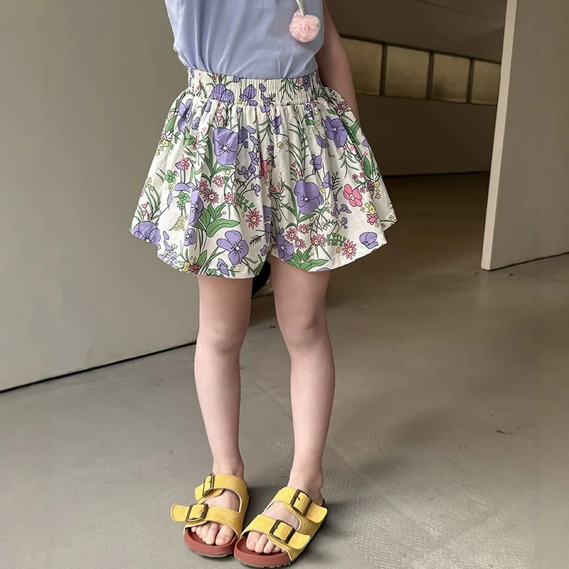 여아 플로럴 프린트 미니 스커트 러플 소매 A라인 캐주얼 데일리 키즈 스윗 여름 스윙 스커트