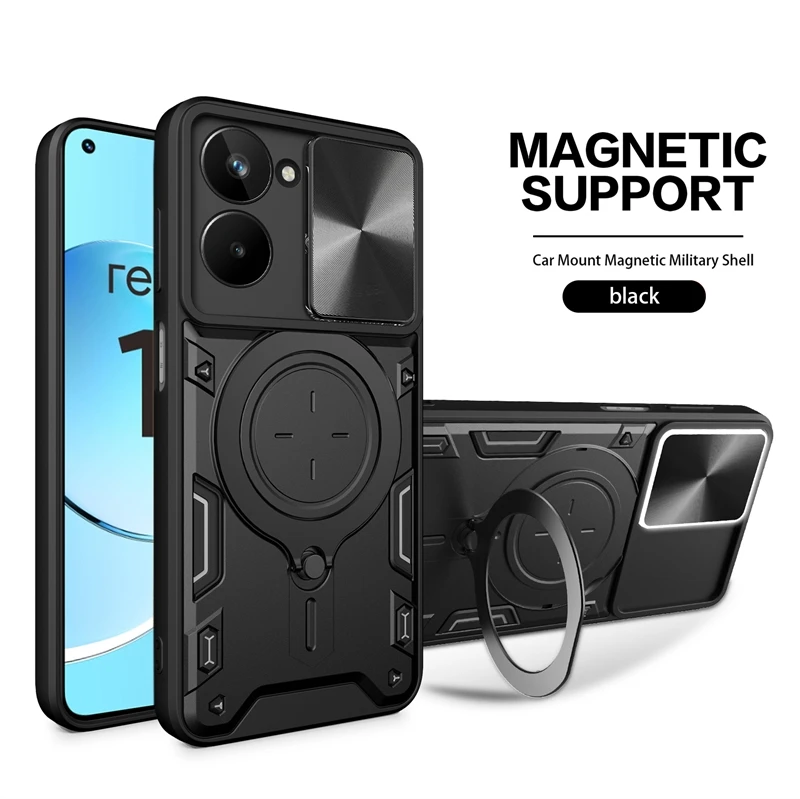 Enhanced Shockproof Armor Phone Cover with Ring Holder & Slide Camera Protection