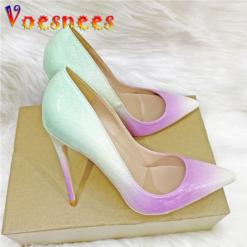 

Summer New Pointed Toe Stiletto Pumps 12CM Banquet Snake Embossing Women's Shoes Gradient Color Fashion Wedding Dress High Heels