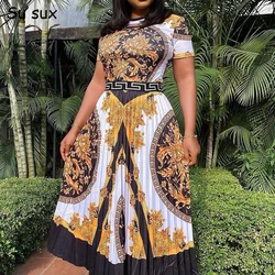 Africa Clothing Vintage Pleated Print High Waist A Line African Dresses For Women Traditional Robe Africaine Femme Vestidos 2023