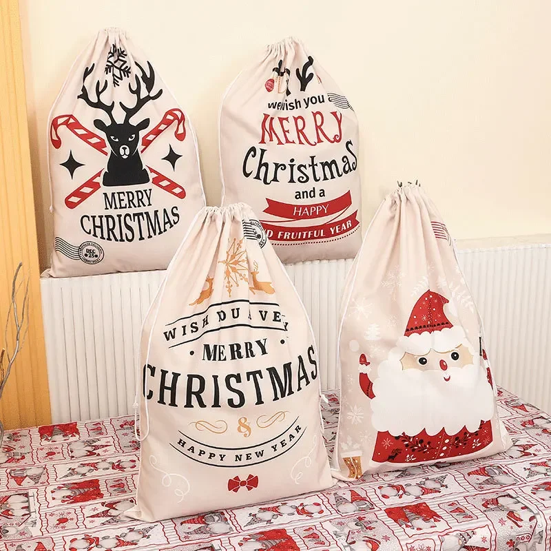 

Merry Christmas Candy Bag Santa Gift Bag Printed Wrap Gift Bag Canvas Christmas Bag Decorations for Home New Year Noel Presents