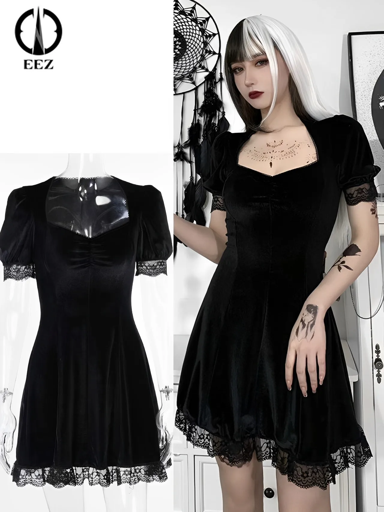 

Vintage Gothic Velvet Summer Mini Dresses Women Punk Grunge Lace Sexy Black Dress Harajuku Aesthetic Halloween Elegant Partywear