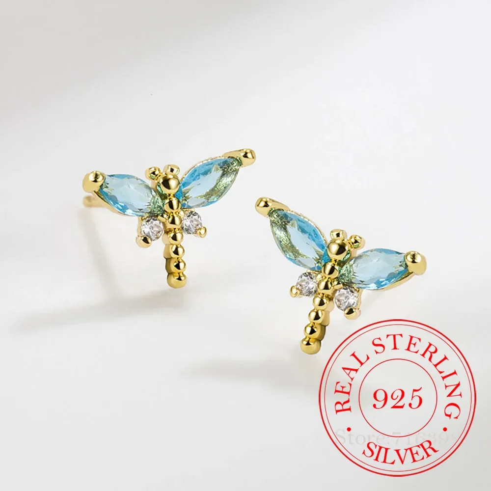 

925 Sterling Silver Cute Crystal Insects Dragonfly Stud Earrings for Women Girls Piercing Jewelry Female Pendientes Party Gift