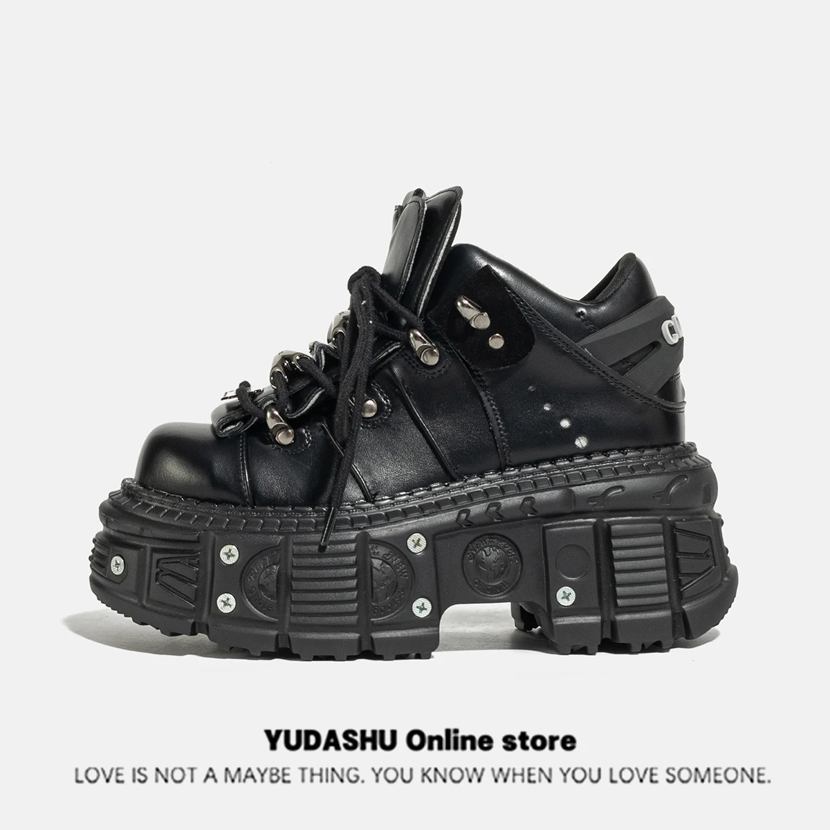 Gothic Dark Platform Thick Bottom Punk Metal Height-Increasing Leather Women's Small Rock Lace-up Rivet Shoes 6