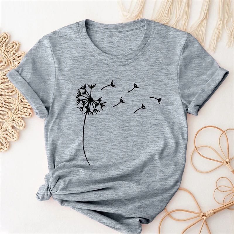 

Camiseta de cuello redondo con estampado de diente de león, camiseta informal de manga corta para primavera y verano, ropa para