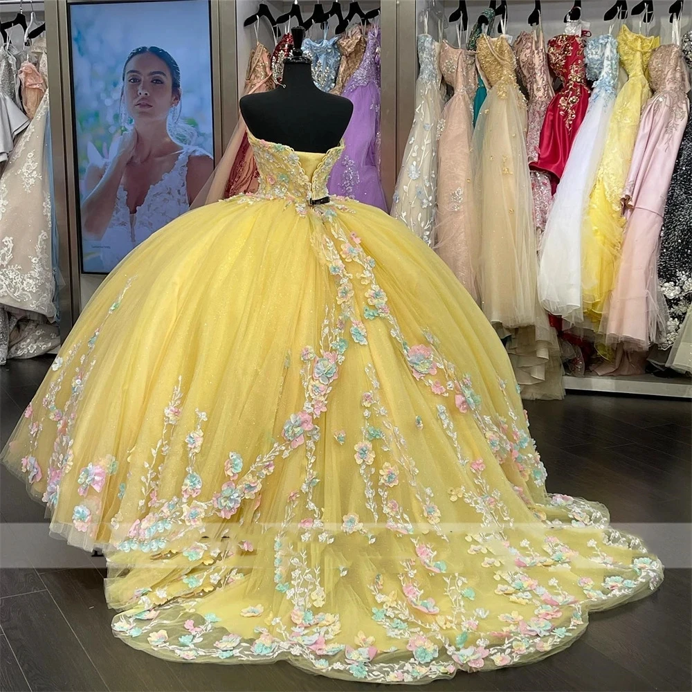 ANGELSBRIDEP Glitter Yellow Quinceanera Dresses Ball Gowns 3D Flower Sweet 16 Dress Princess Birthday Party Vestido De 15 Anos