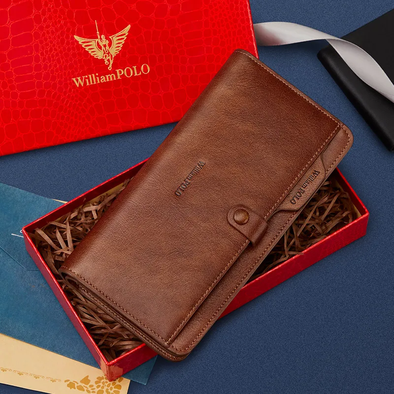 

WILLIAMPOLO New Style Men's Fallow Long Card Wallet Leather Zipper Interlayer Large Capacity Handbag TOP Gift Freight Free