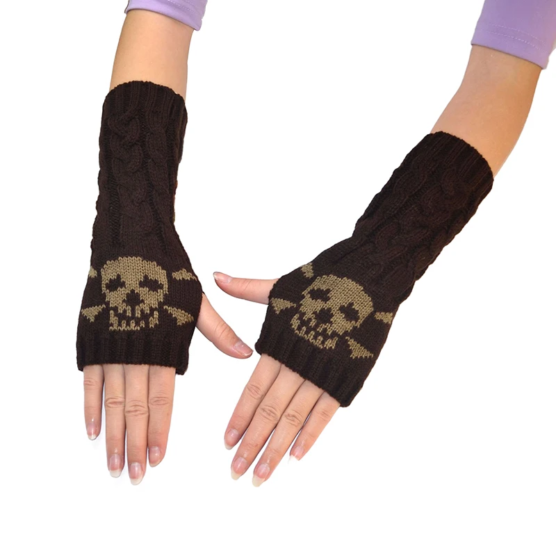 Womens Gloves Winter Wrist Arm Warmer Skull Knitted Long Fingerless Mitten US 