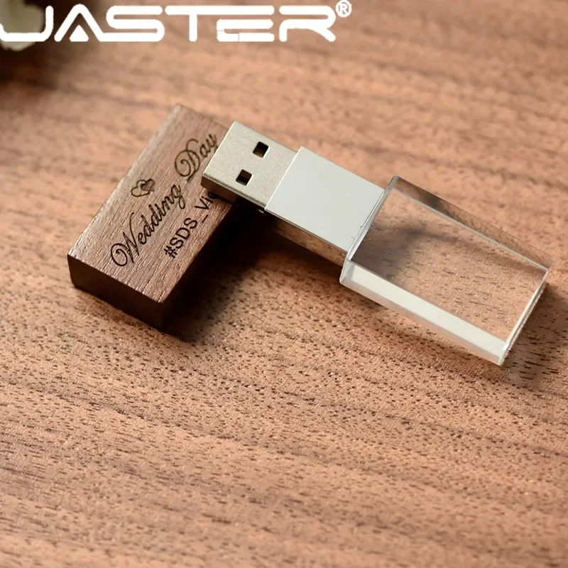 JASTER 우드 크리스탈 USB 플래시 드라이브 크리 에이 티브 선물 펜 드라이브 무료 사용자 정의 로고 메모리 스틱 결혼 선물 Pendrive 32GB 64GB 16GB