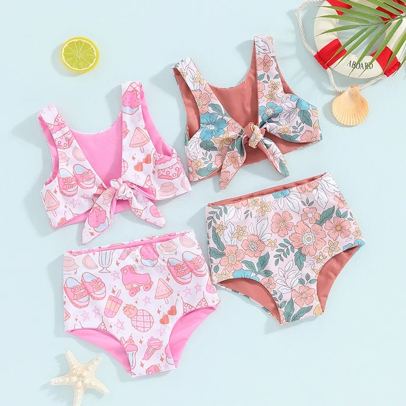 1-4years Toddler Girls Two Piece Swimsuits Sleeveless Cartoon Floral Print Bikini Set Kids Girls Summer Bathing Suits 1
