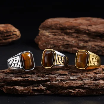 1pc Men's Vintage 316L Stainless Steel Ring with Natural Tiger's Eye Stone Intricate Detailing, Durable Unisex Jewelr 1