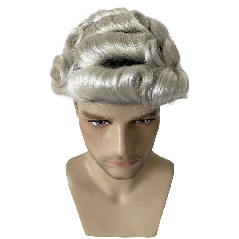 European Virgin Human Hair Replacement 32mm Wave Ombre Platinum Color T1b/#60 Full PU Toupee 8x10 Skin Unit for White Men
