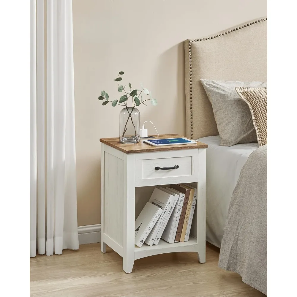

Farmhouse Nightstand with Charging Station, Bedside Table with Drawer, Open Compartment, Side Table with Storage
