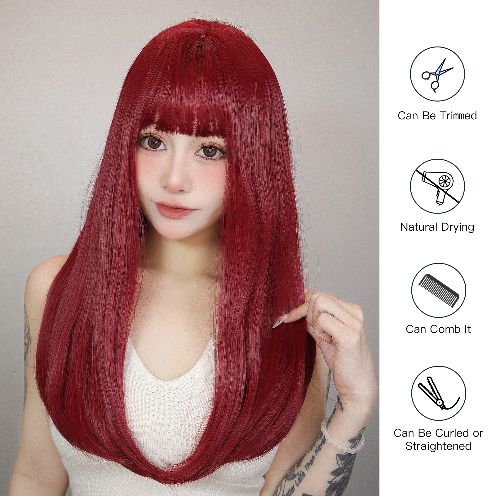 Long Straight Red Cosplay Wigs for Women Synthetic Hair Wig with Bangs Daily Party Natural Cosplay Heat Resistant Fake Hair