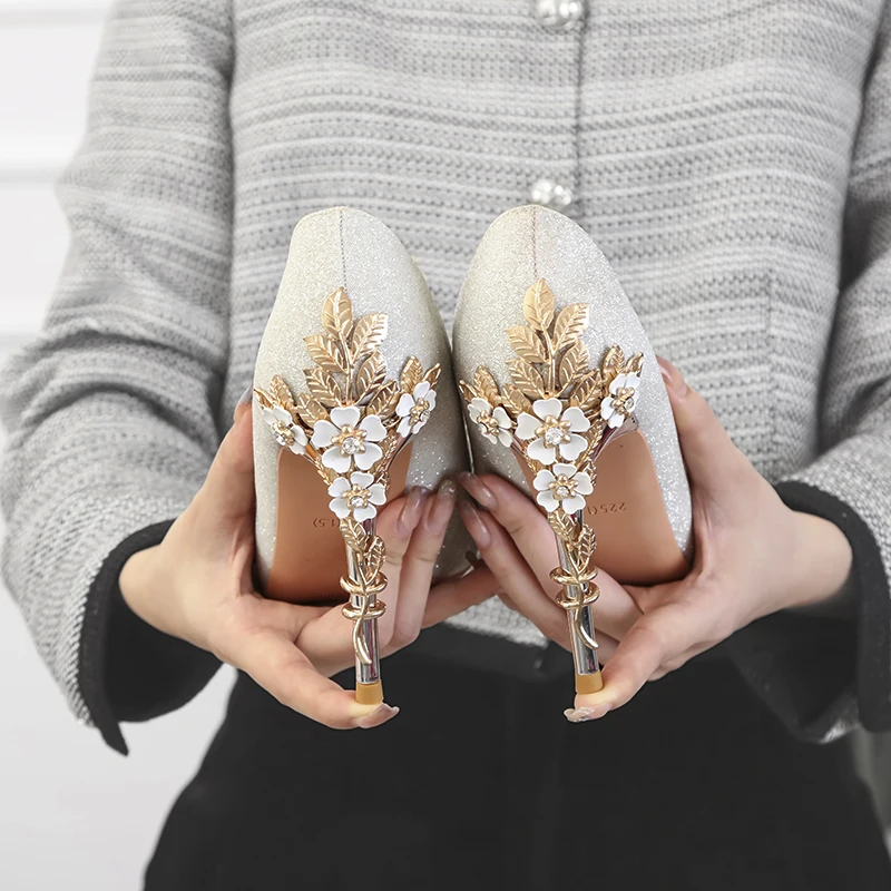 Elegant Women Shoes Pumps Metal Flower Classic Pumps Ladies High Heels Comfortable Sequins Pointed toes Dress Shoes